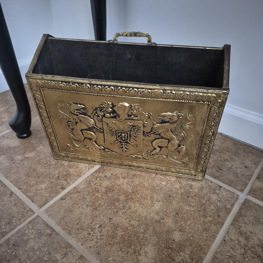 Elegant Vintage Brass And Wood Decorative Magazine Holder-